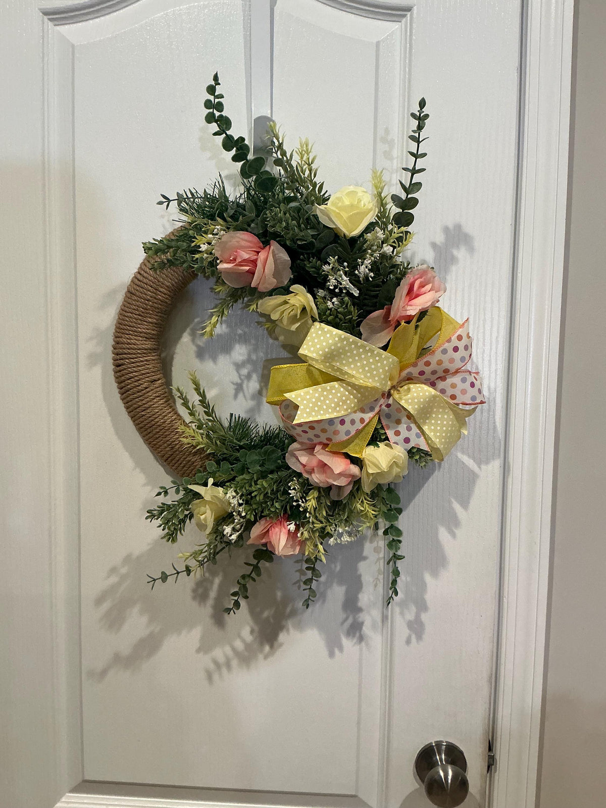 Handcrafted Jute Rope Wreath, Spring Peach Roses, Eucalyptus Greenery, Polka Dot Bow