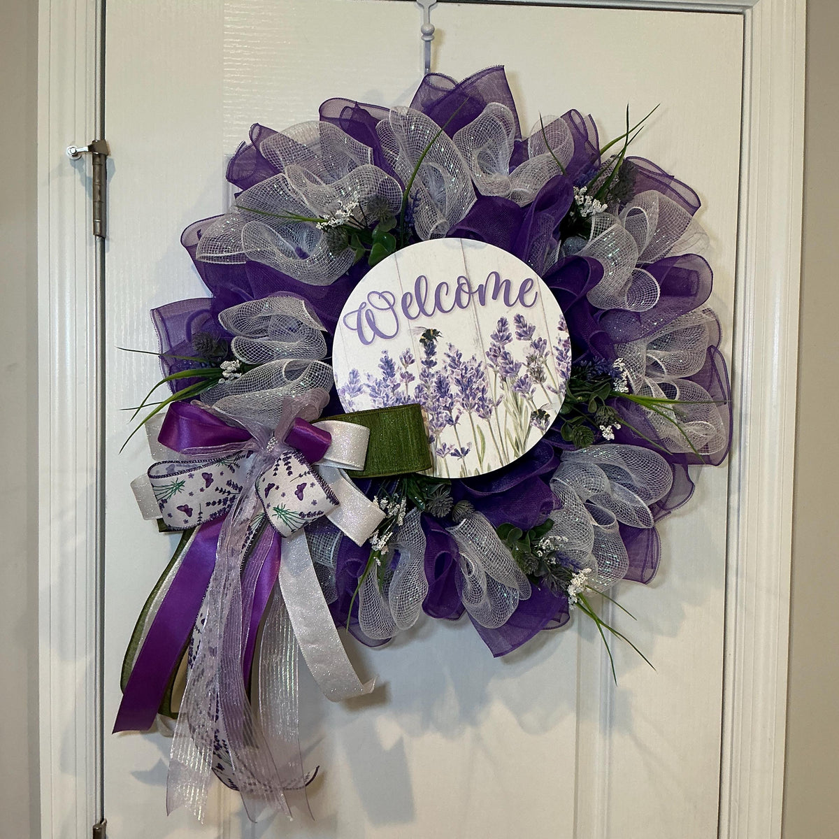 Lavender Wreath, Purple Bee Garden Decor, Designer Pearl Bow, Spring Front Door Wreath