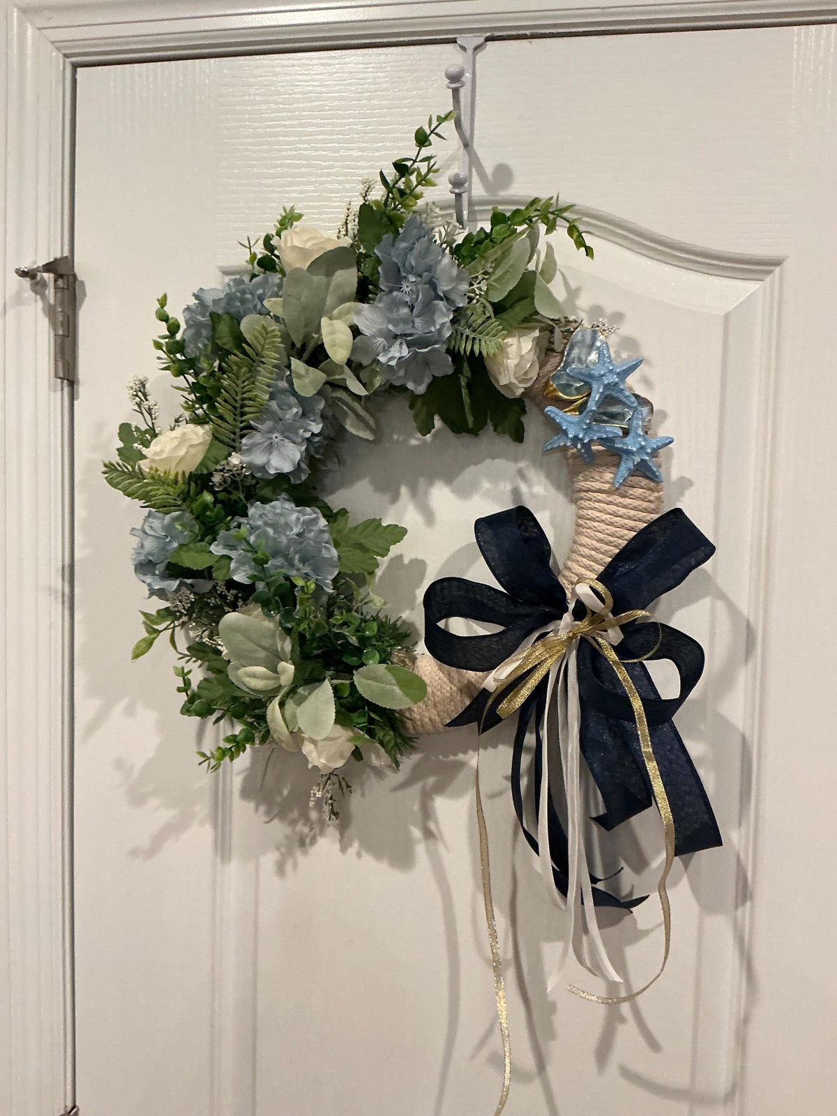 Oyster Shell Coastal Rope Wreath with Blue Hydrangea and Starfish, Nautical Door Decor