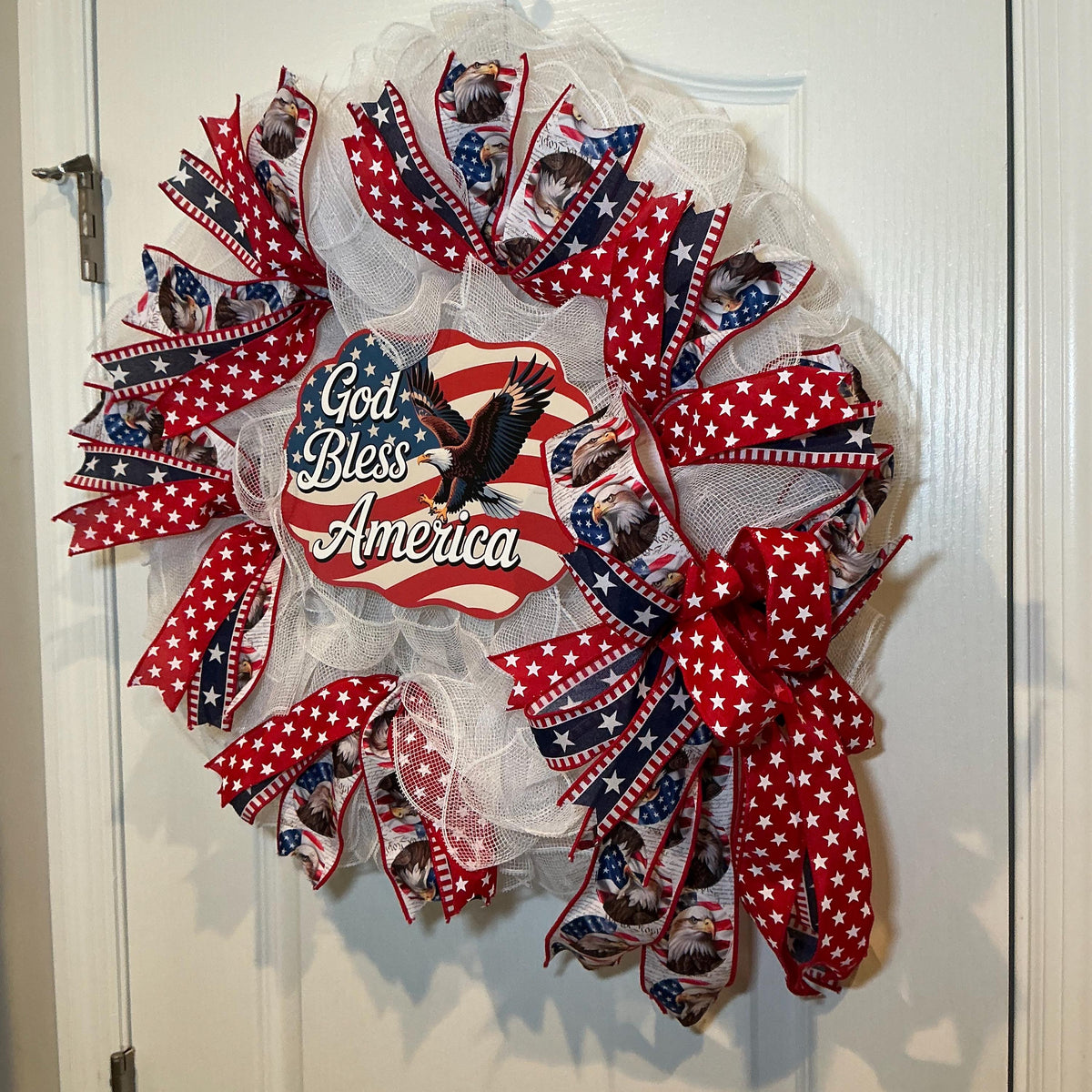 God Bless America Wreath, Fourth of July Front Door Decor, Bald Eagle Sign, Red White Blue Memorial Day Americana Wreath
