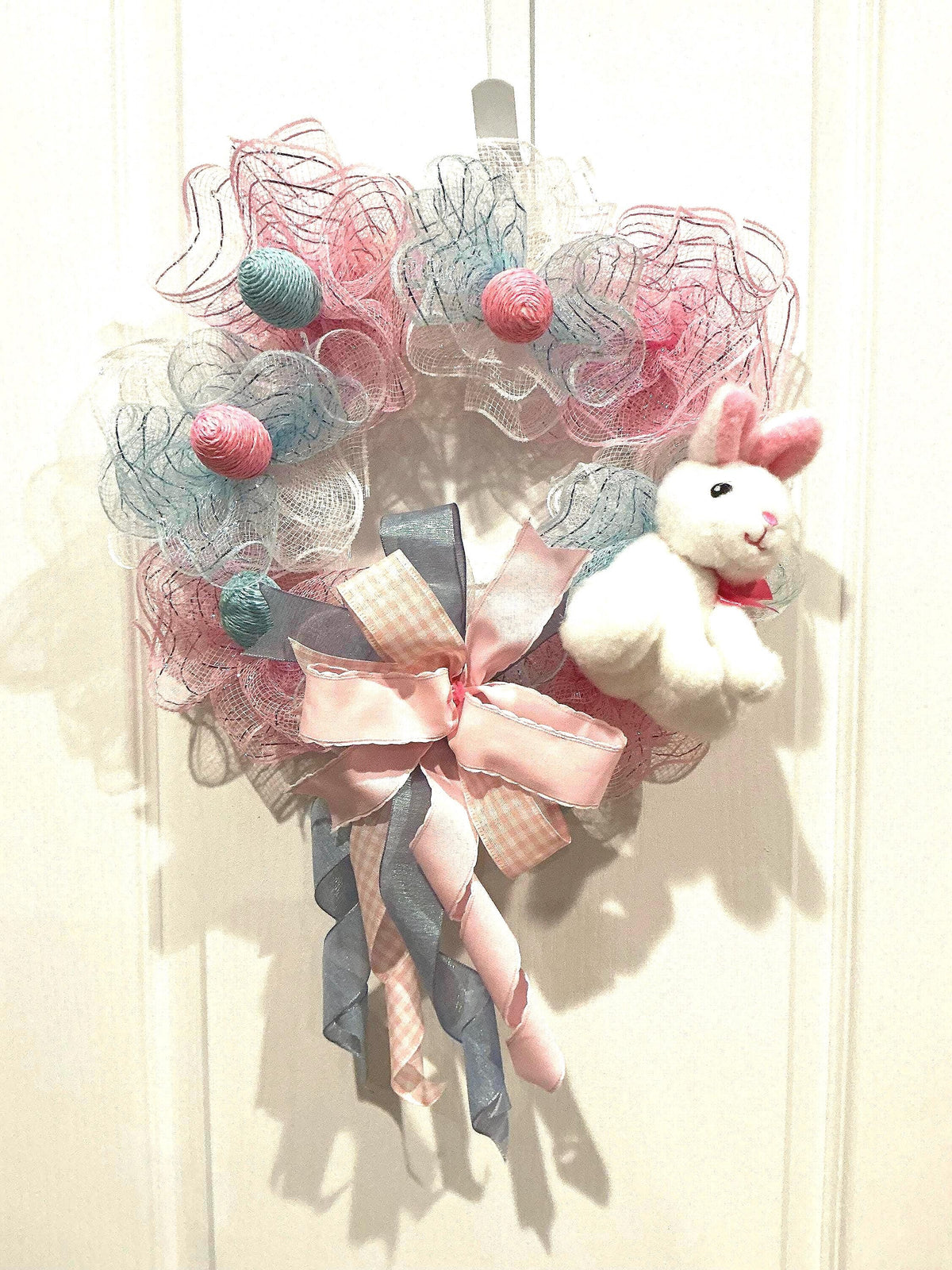 Easter Bunny Wreath: Pink Blue Spring Door Decor, 12 inch Pancake Wreath.