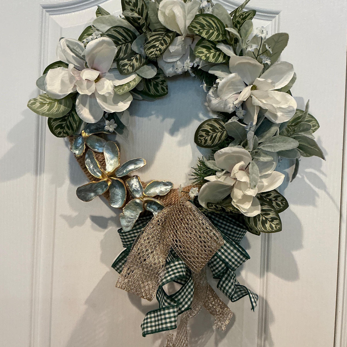 White Magnolia Wreath, Green Gingham Bow, Year-Round Farmhouse Door Decor