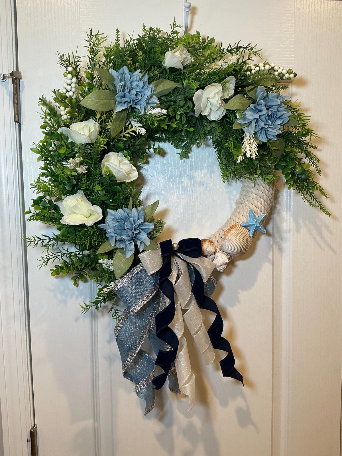 Blue Dahlia White Rose Coastal Wreath, Seashell Starfish, Navy Bow, Rope Base, 16 Inch Front Door Decor, Handmade