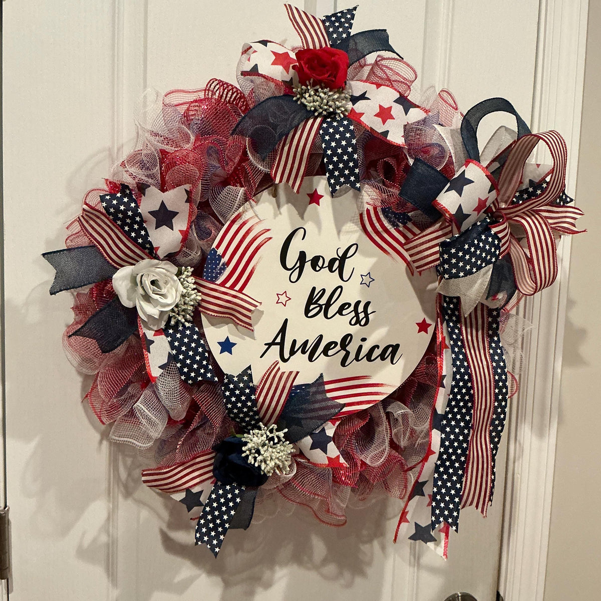 18 Inch Red White Blue Rose Wreath with God Bless America Sign, Americana Front Door Decor