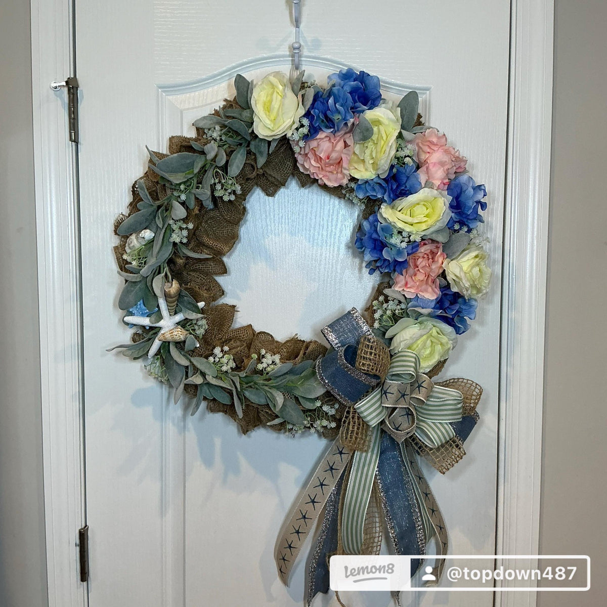 Burlap Hydrangea Coastal Wreath with Seashells, Starfish and Lambs Ear, Front Door Decor