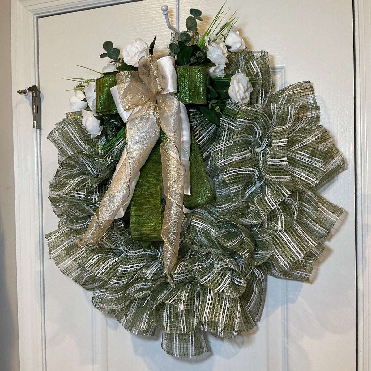 Sage Green Wreath with White Roses, Ivory Gold Bow, Farmhouse Decor