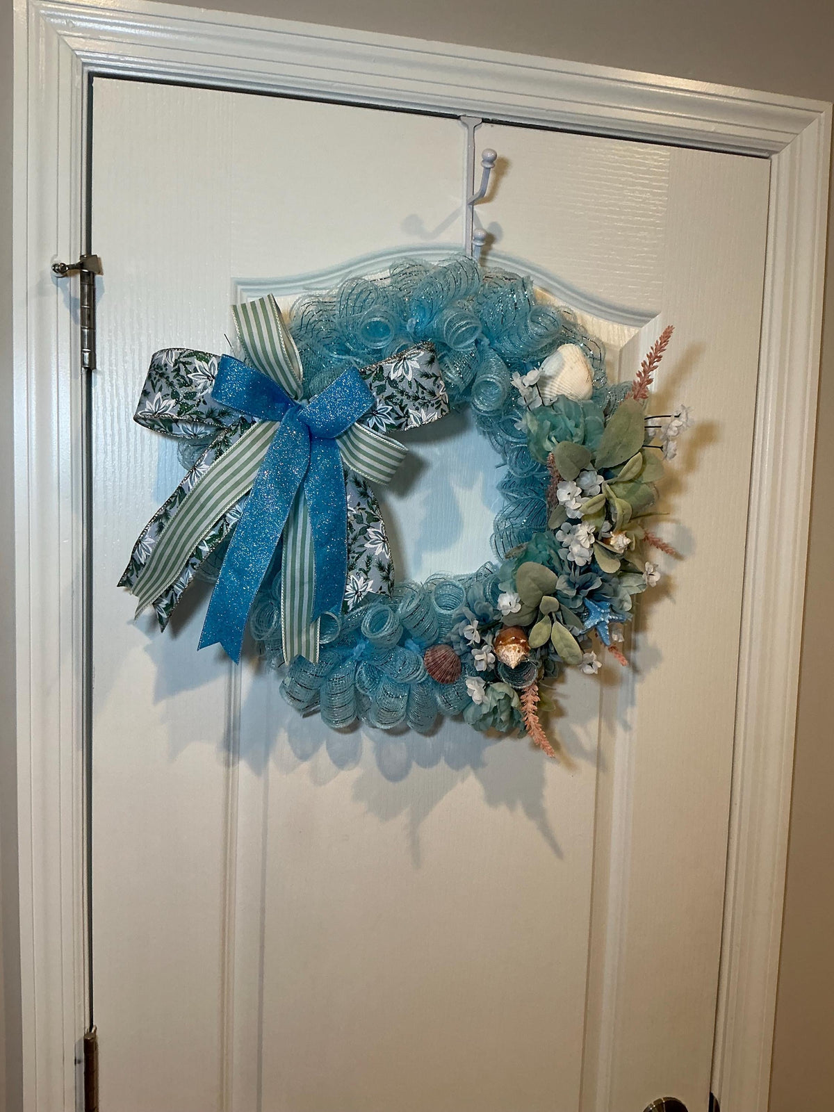 14 Inch Coastal Seashell Wreath for Storm Door with Blue Starfish and Teal Hydrangeas
