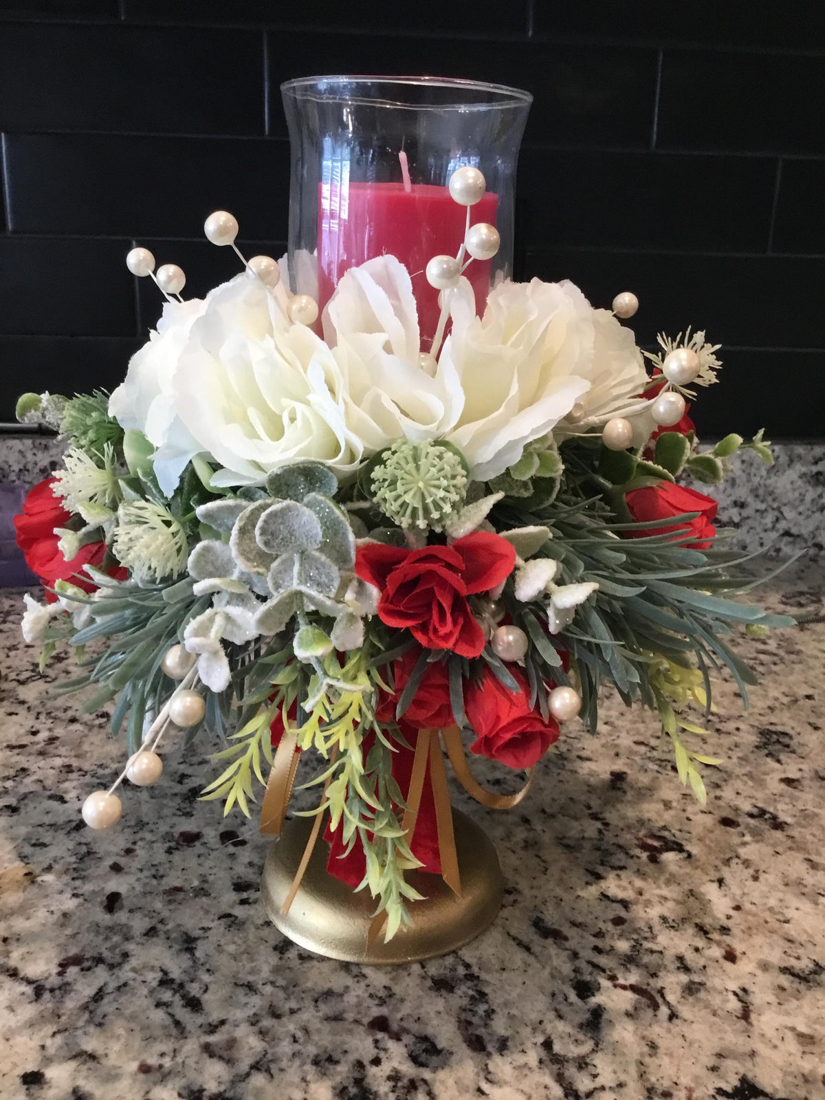 Vintage Valentine Candle Centerpiece: Red Roses, Pearl Berries