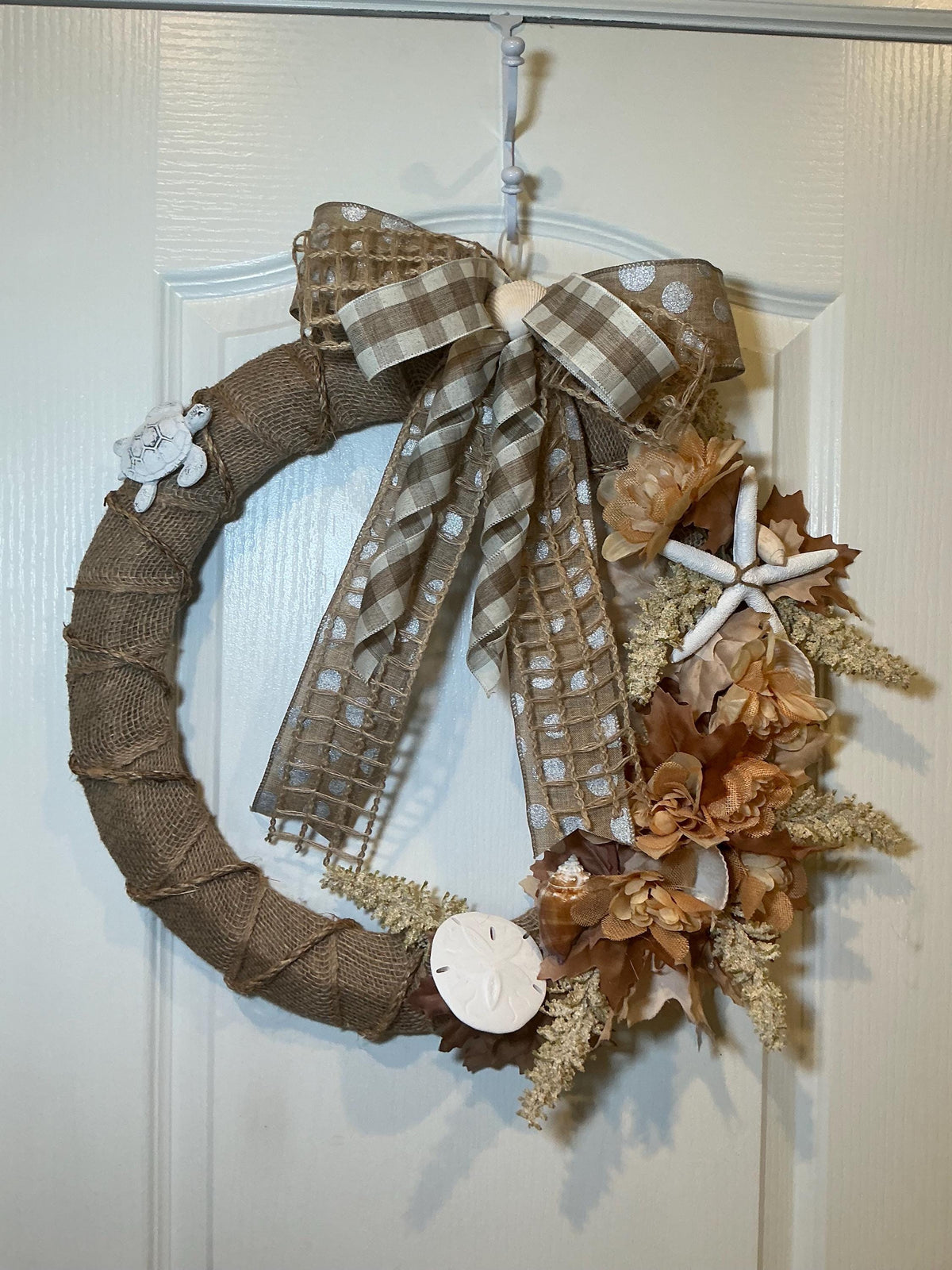 Coastal Fall Burlap Wreath, 18 Inch Sand Dollar Starfish Turtle and Autumn Leaves