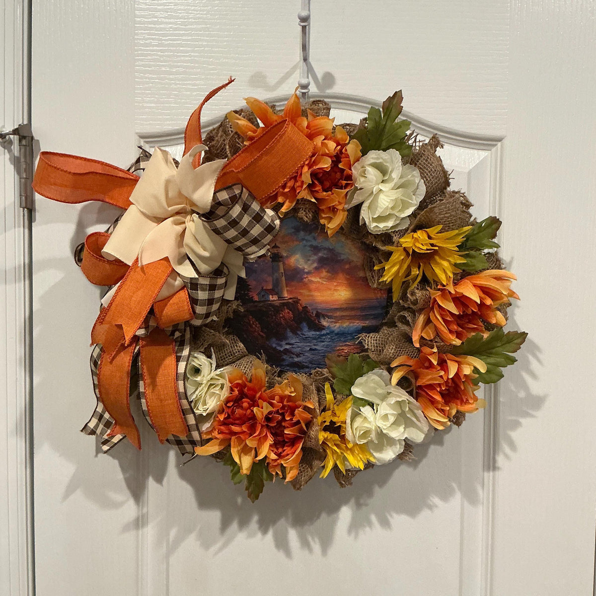 Lighthouse Sunset Coastal Wreath, 14 Inch Burlap Fall Door Decor
