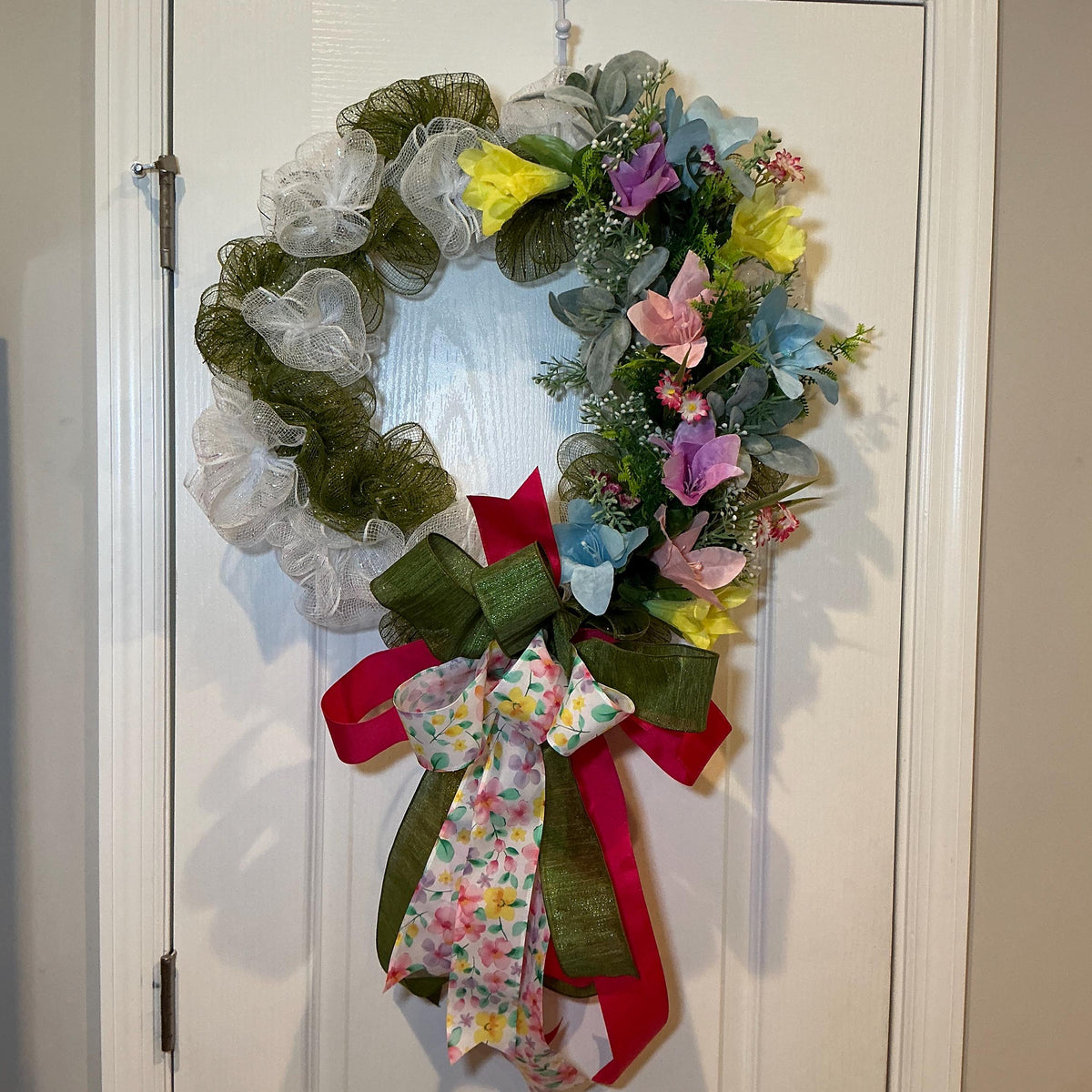 Spring Deco Mesh Wreath, Pastel Floral, Green and White Pancake Frame, 18 Inch Farmhouse Front Door Decor