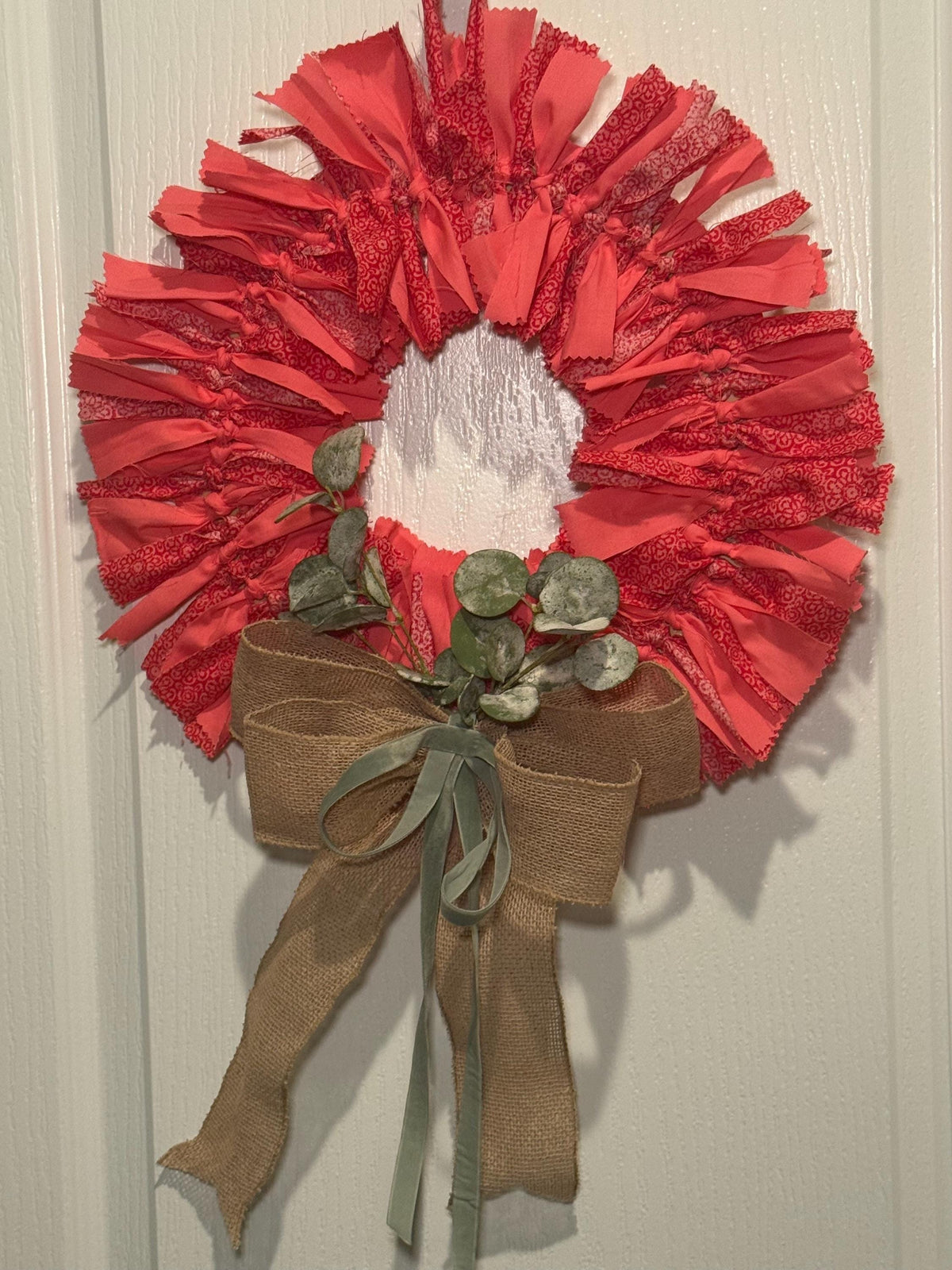 13 Inch Coral Red Fabric Rag Wreath with Burlap Bow, Rustic Farmhouse Door Decor