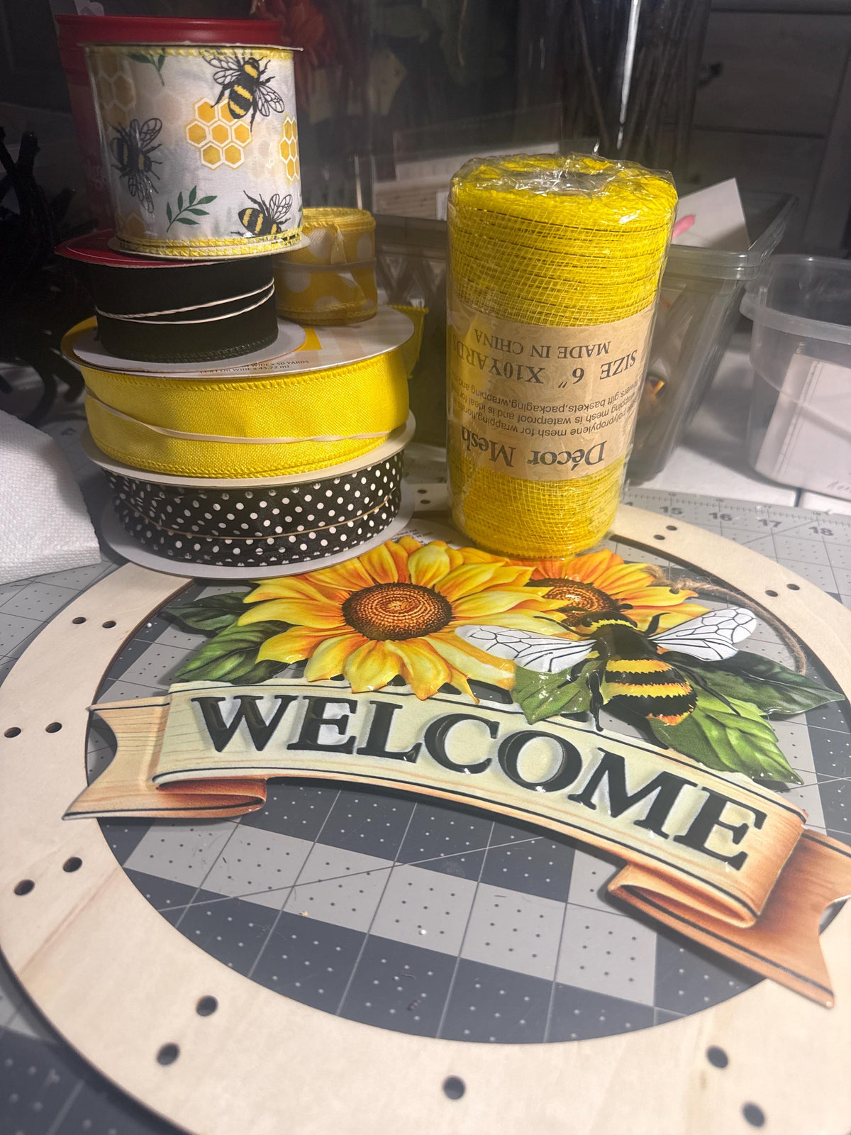 Sunflower Bee Wreath with Polka Dot Ribbon, Farmhouse Summer Front Door Decor