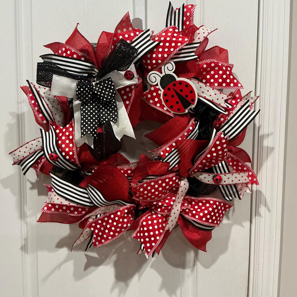 Handmade Ladybug Wreath, Red Black White Polka Dot Ribbon Door Decor, Wooden Ladybug Sign, Spring Summer Farmhouse Wreath, Entryway Gift"
