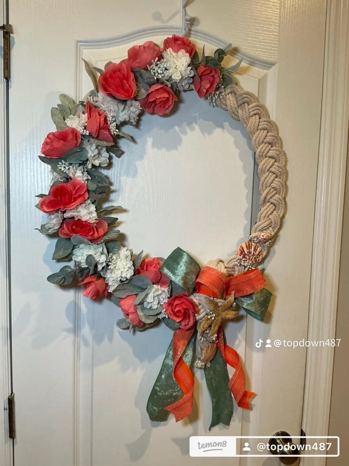 Handmade Coral Rose Coastal Wreath, Rope Nautical Beach Decor, Seashell Starfish Front Door Wreath