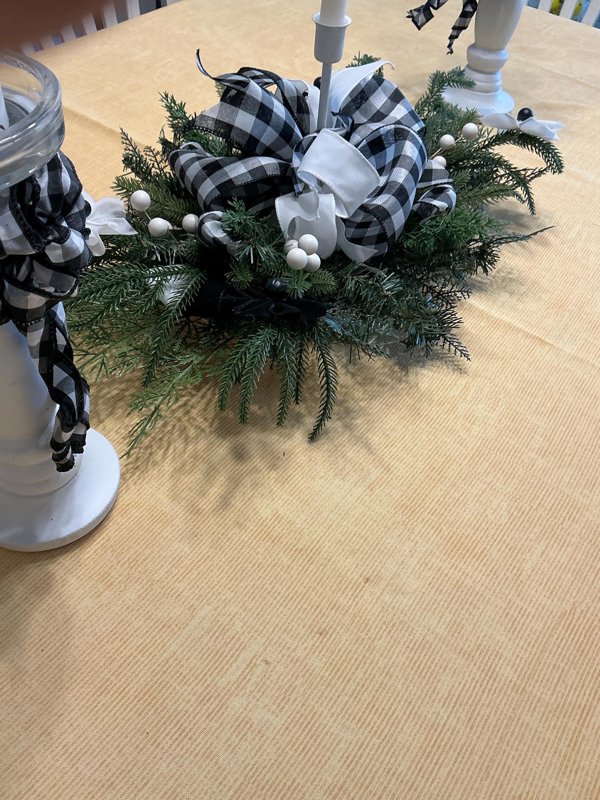 Buffalo Check Centerpiece, Farmhouse Table Decor, Handmade Ribbon Flowers, Black White Candle Holder