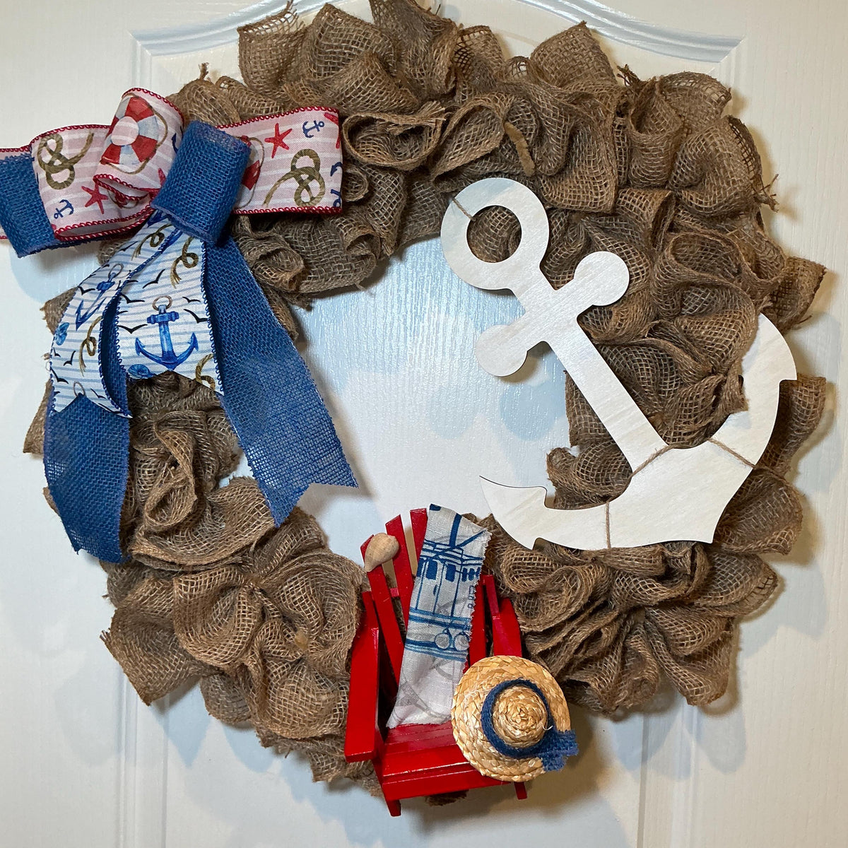 Coastal Burlap Wreath, Nautical Anchor, Adirondack Chair, Beach House Decor