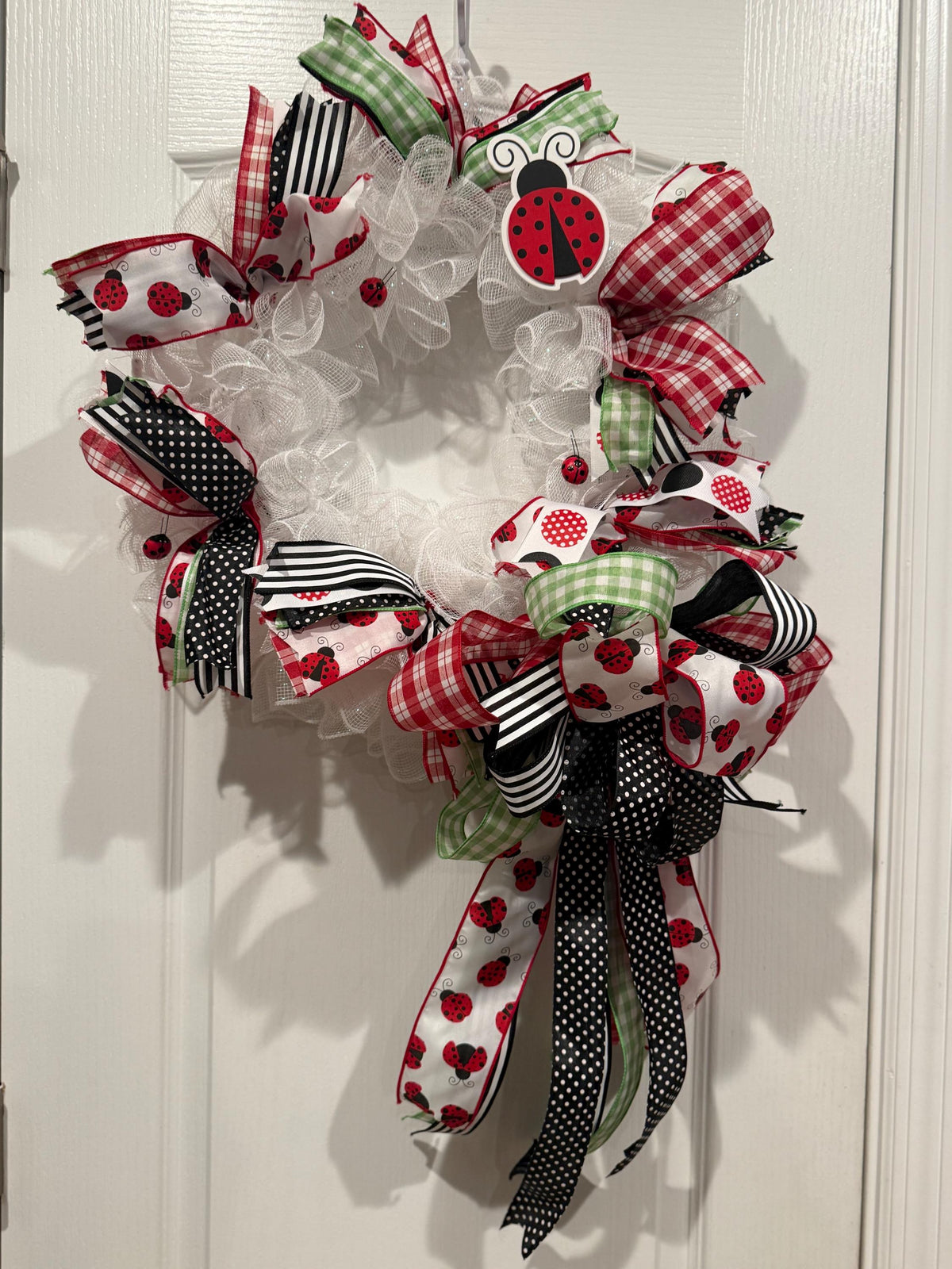 White base ladybug,door decor ,and handmade wreath