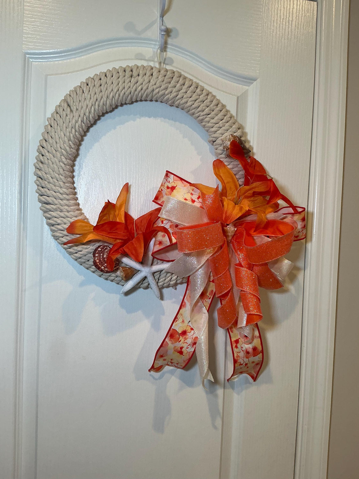 Tropical Orange Coastal Wreath, Rope Starfish Beach Decor, Seashell Nautical Front Door Wreath, Lake House Housewarming Gift, Handmade Summe