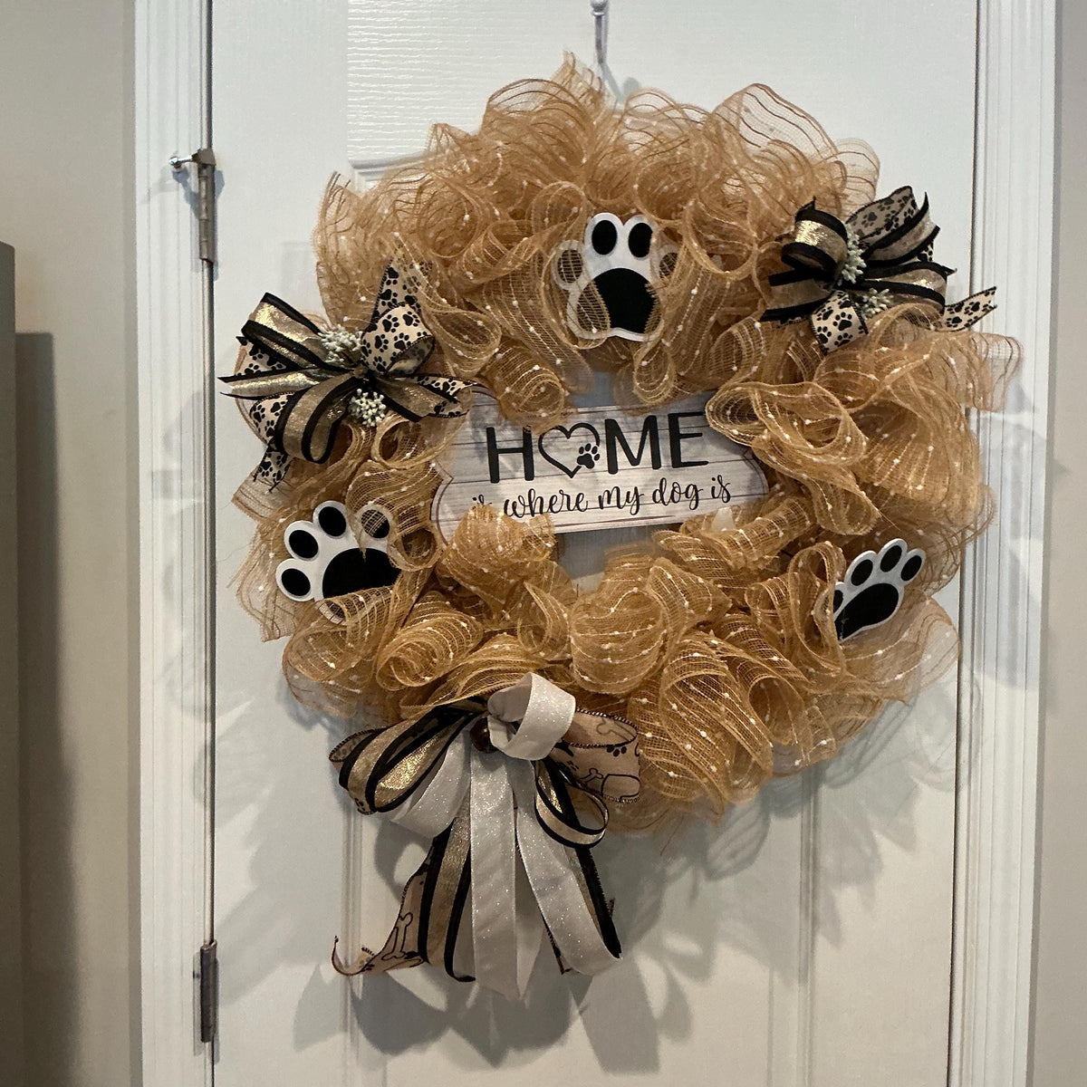 Home Is Where My Dog Is Wreath with Paw Prints, Farmhouse Dog Mom Door Decor