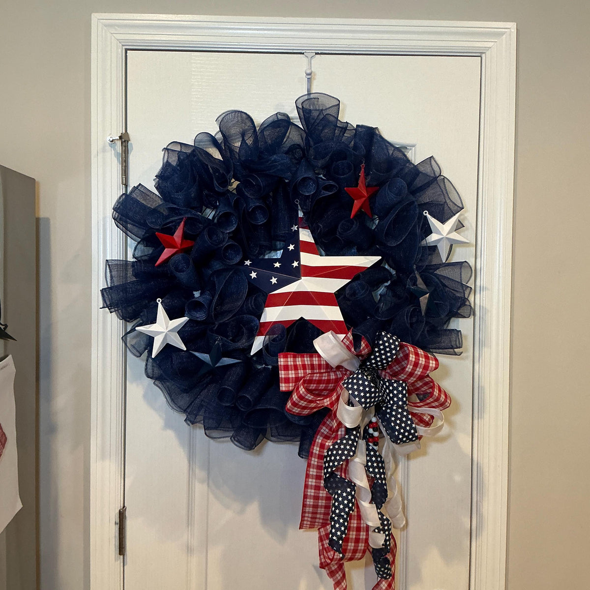 Navy Blue Americana Wreath, 4th of July Wreath for Front Door, Flag Star Sign, Metal Stars, Red Gingham Bow