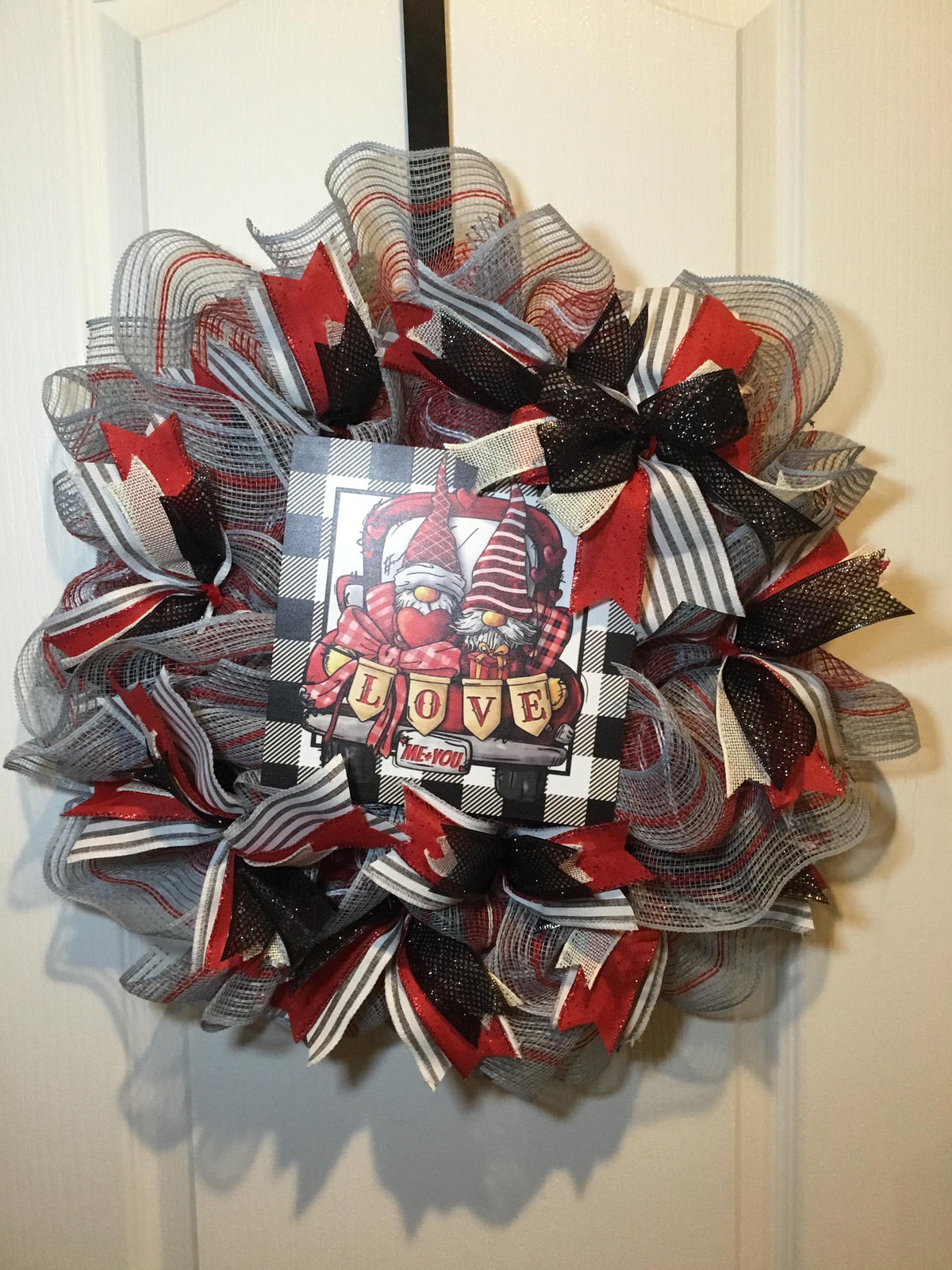 Handmade Valentine Gnome Pancake Wreath, Slim Space Saver Door Decor
