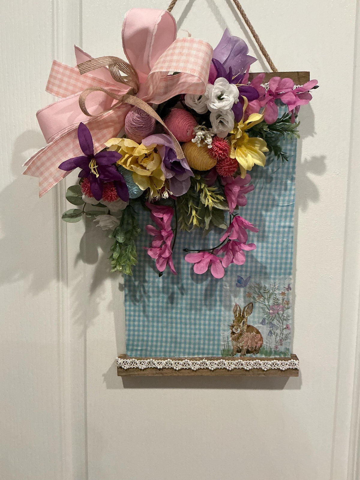 Easter Bunny Door Hanger, Blue Gingham Floral Spring Decor