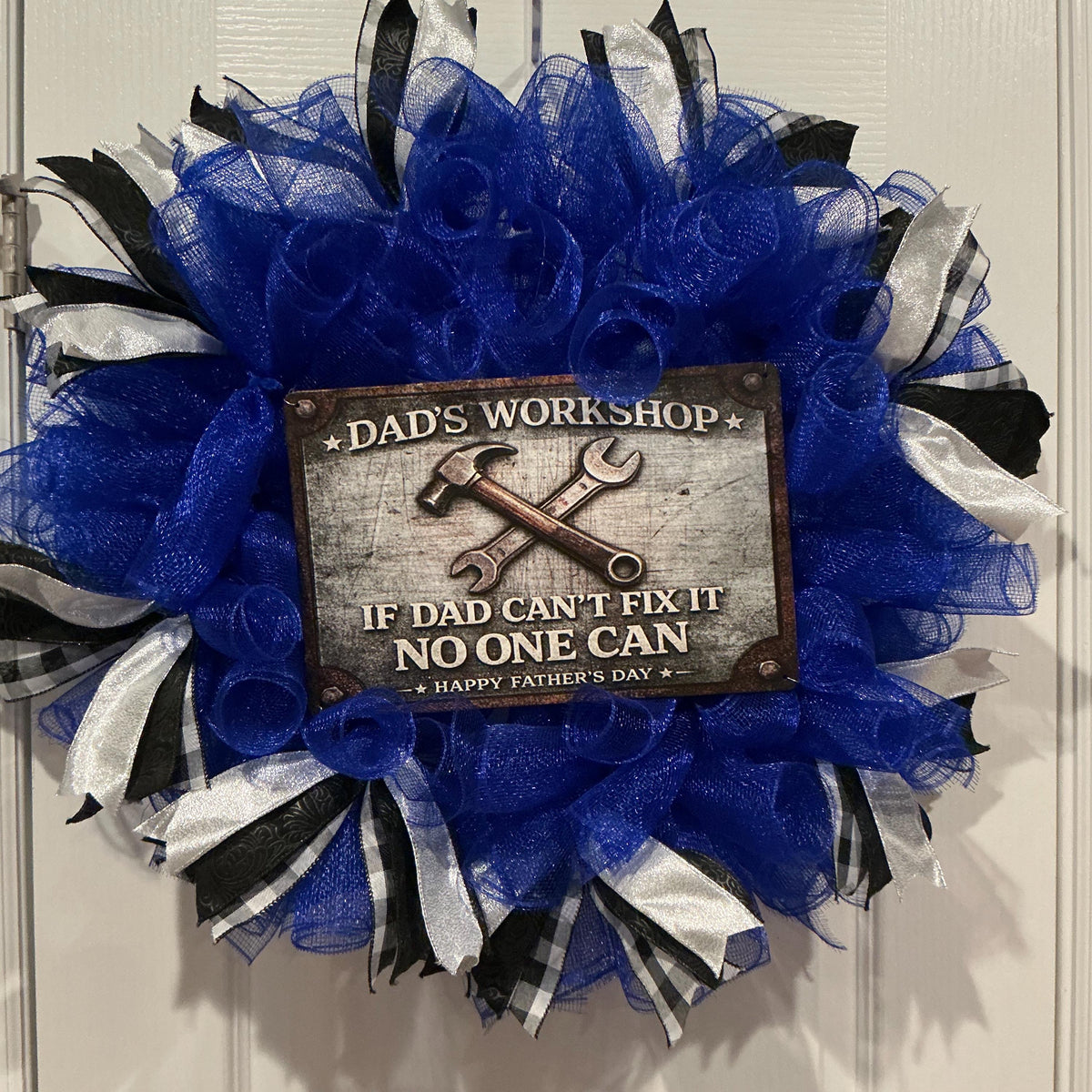 Dad’s Workshop Father’s Day Wreath, If Dad Can’t Fix It No One Can, Man Cave Door Decor, Handmade Gift for Him