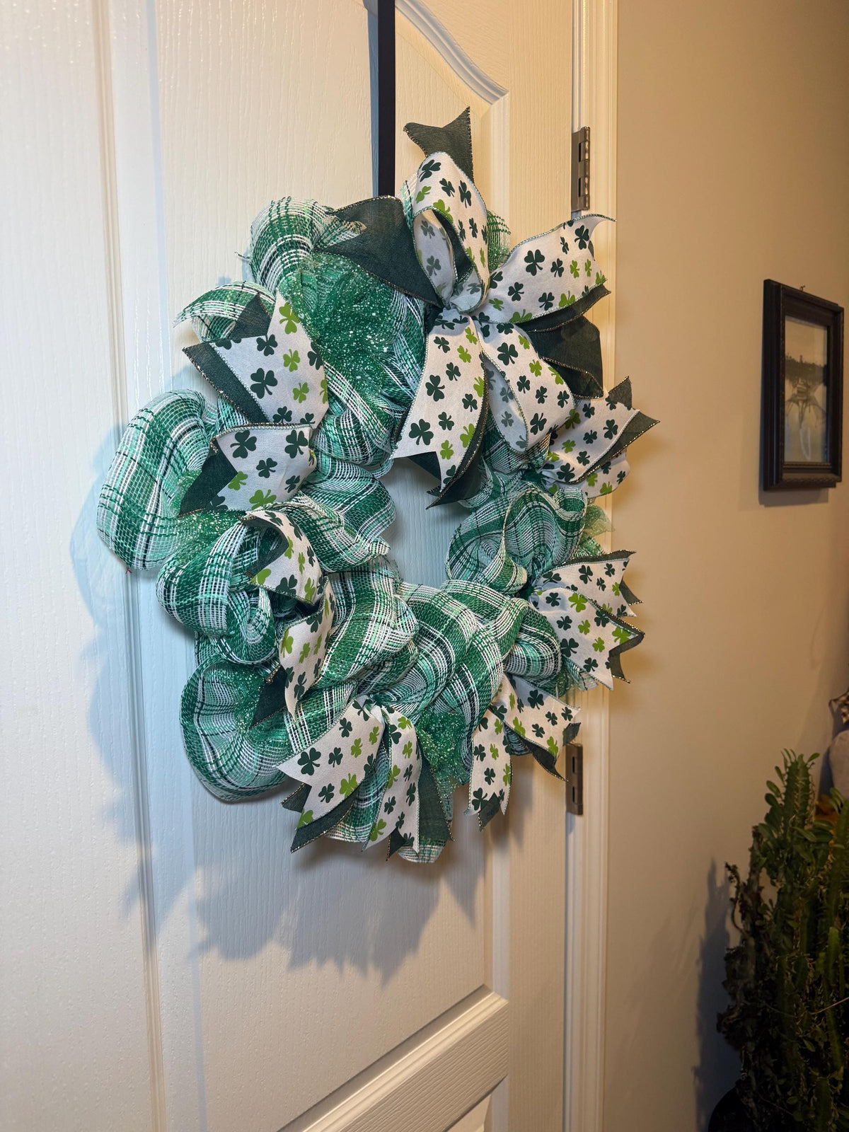 This Oldie but Goodie 16 inch Wreath / Plaid mesh with Shamrock Ribbon bow and Irish door decor