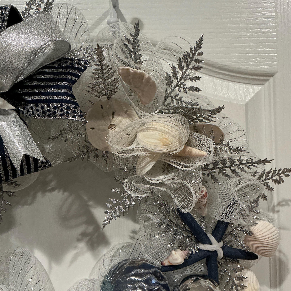 Navy Silver Coastal Christmas Wreath with Seashells and Starfish, Space Saver Door Decor
