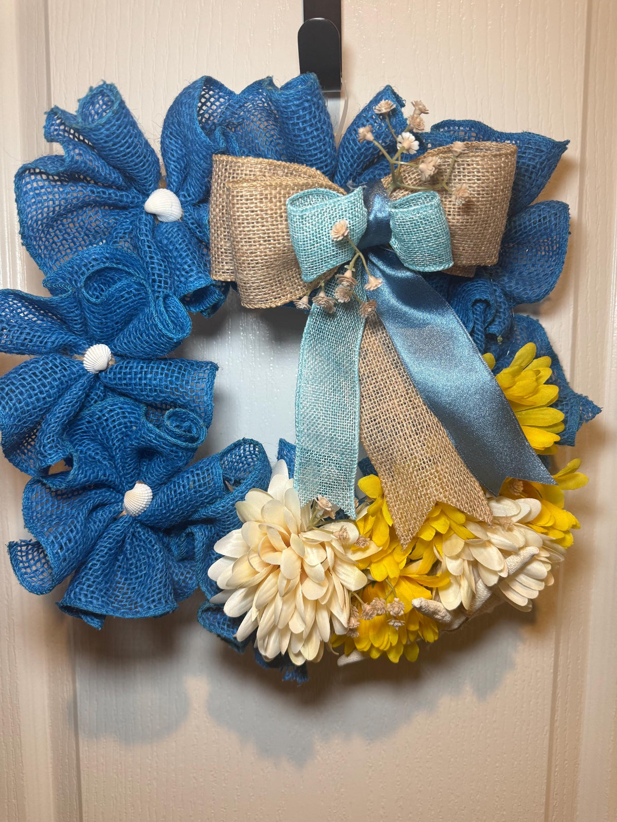 Blue Burlap Coastal Wreath, Starfish Shell Door Hanger, Nautical Beach Home Decor, Handmade Wreath