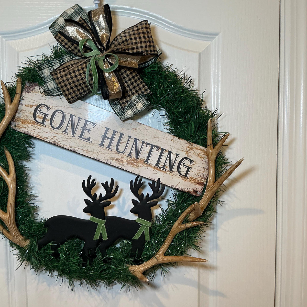 Gone Hunting Sign Wreath, Buck Silhouette Deer Man Cave Decor, Rustic Father’s Day Antler Gift