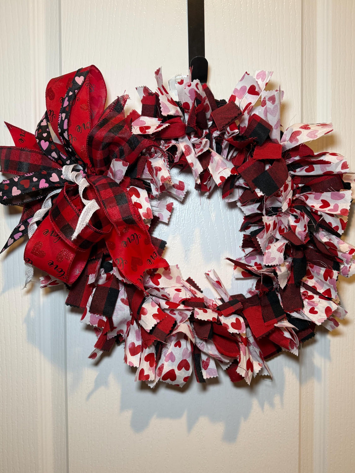 Buffalo Plaid Fabric Rag Wreath, Red Plaid Rustic Farmhouse Front Door Decor
