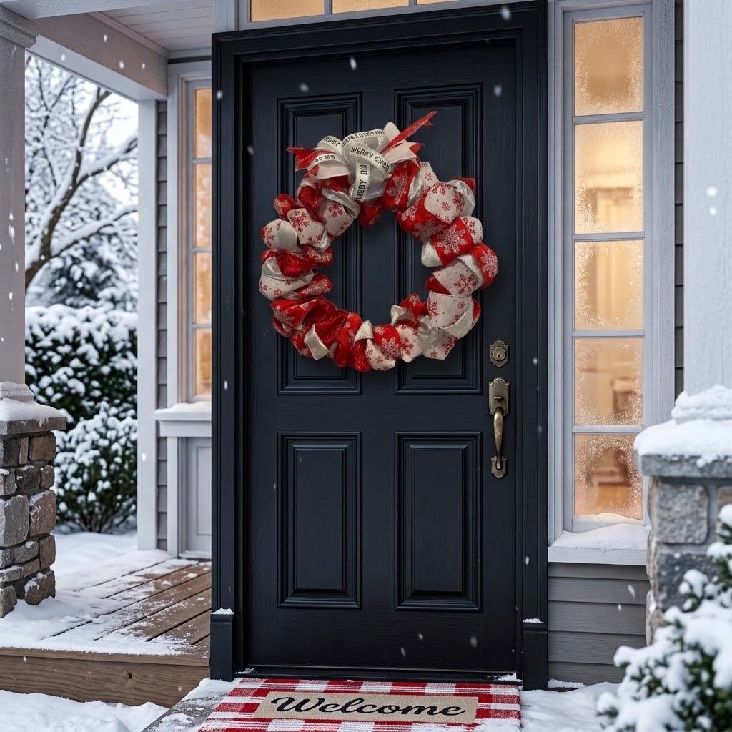 14 Inch Snowflake Christmas Wreath: Red, Silver Ribbon Door Decor