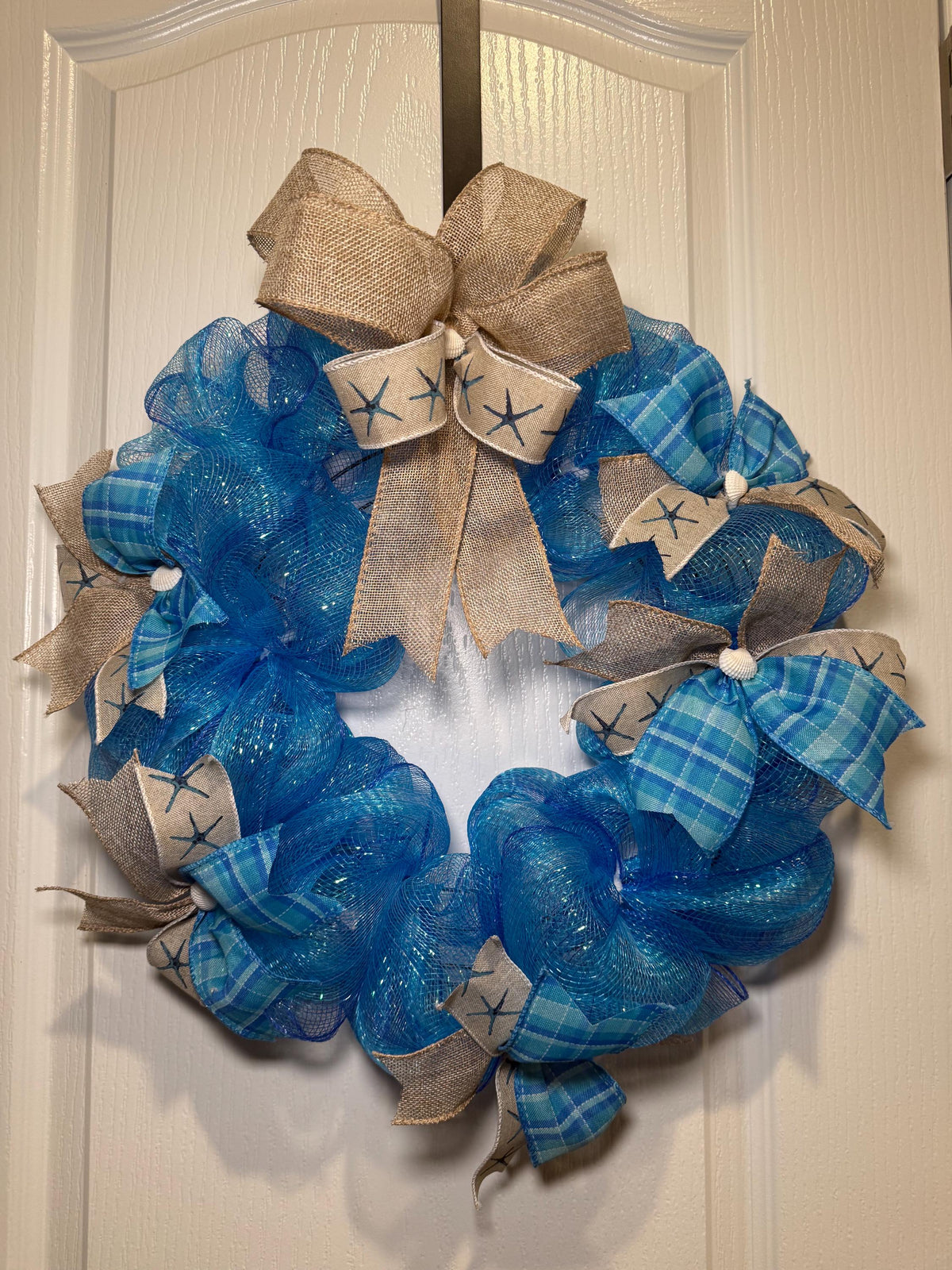 Blue Plaid Burlap Coastal Wreath, Starfish Beach Decor, Nautical Door Accent