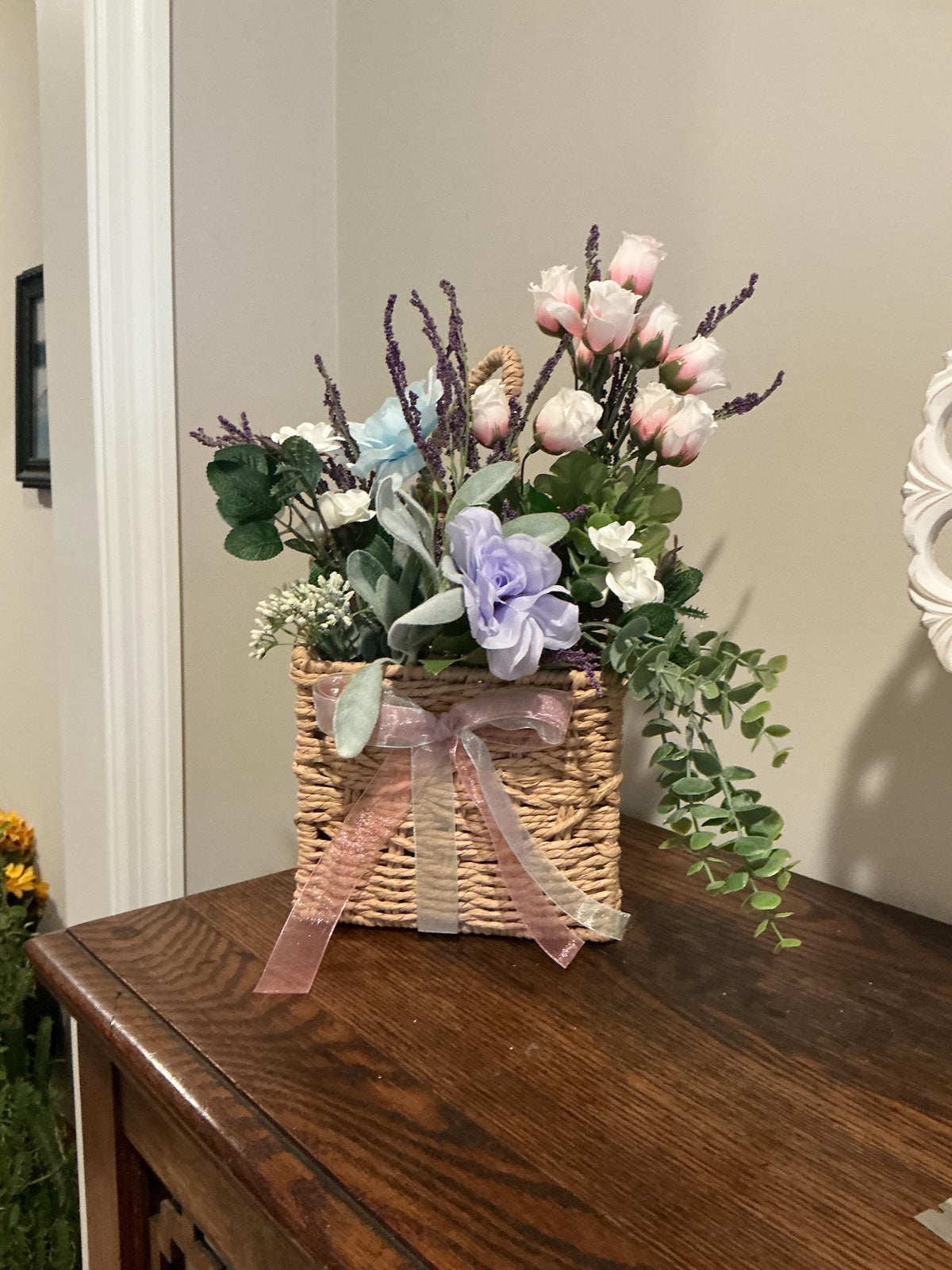 Pink Rose Lavender Centerpiece, Wicker Basket Floral Arrangement, Periwinkle Hydrangea, Farmhouse Table Decor