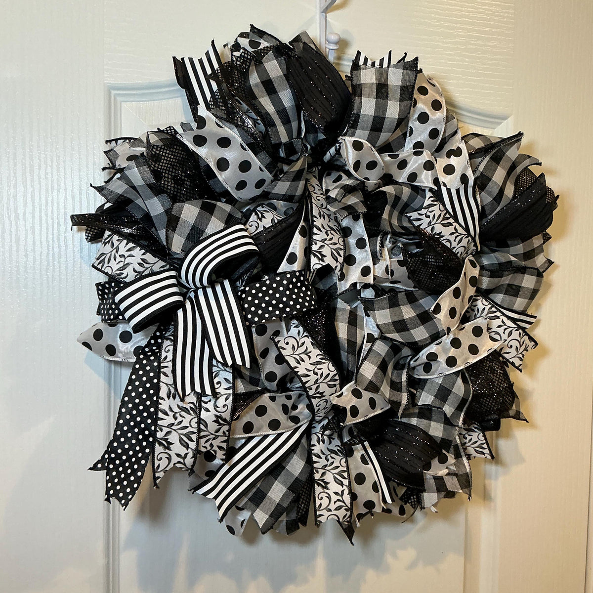 Polka Dot Ribbon Wreath, Black White Buffalo Check Farmhouse Decor, Year Round Front Door Wreath, Modern Handmade Gift
