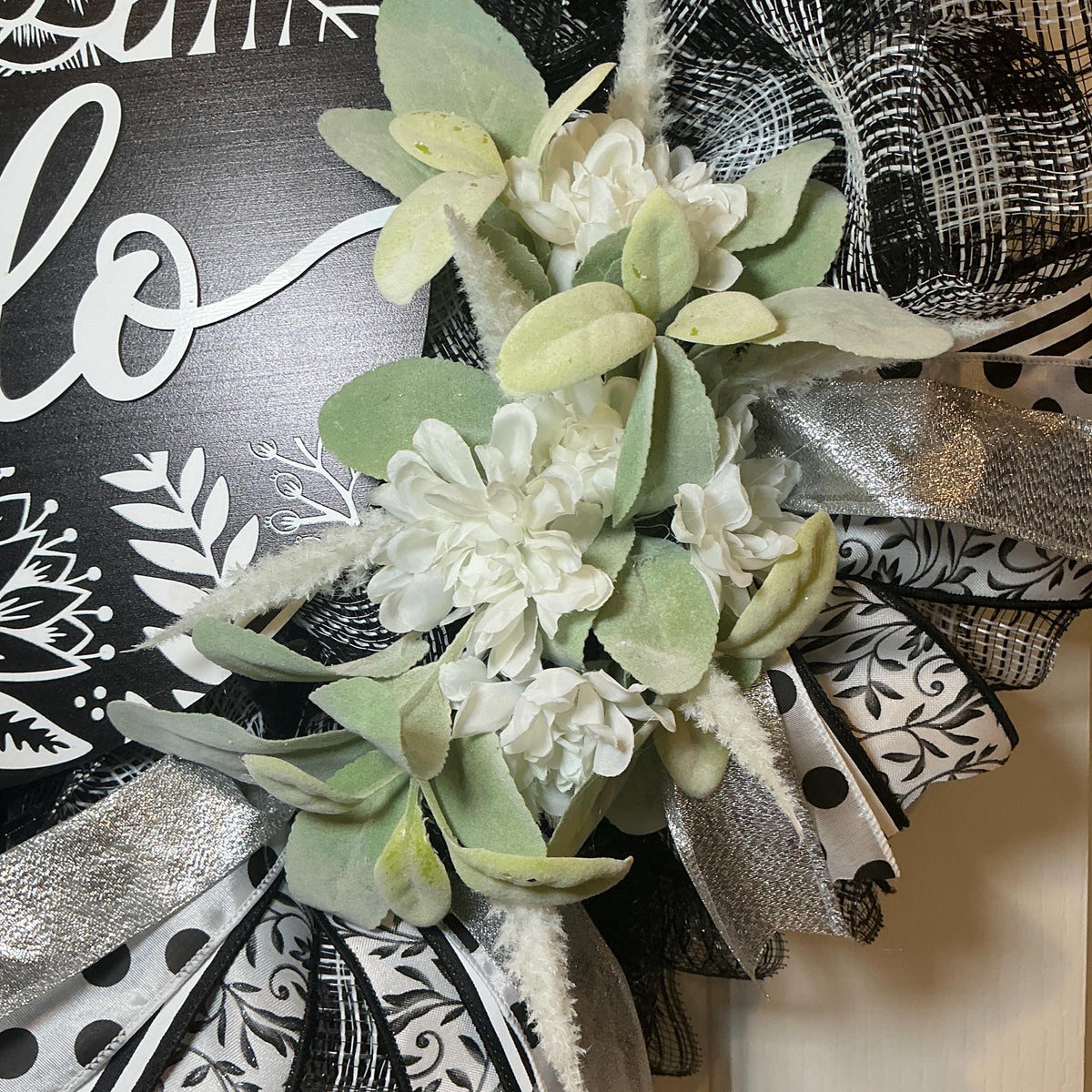 Black and White Hello Wreath with Silver Accents, Farmhouse Front Door Decor
