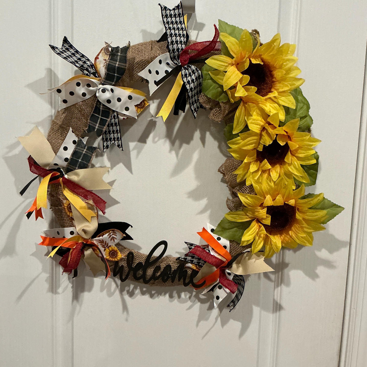 Sunflower Welcome Wreath, 18 Inch Burlap Farmhouse Door Decor for Summer Fall