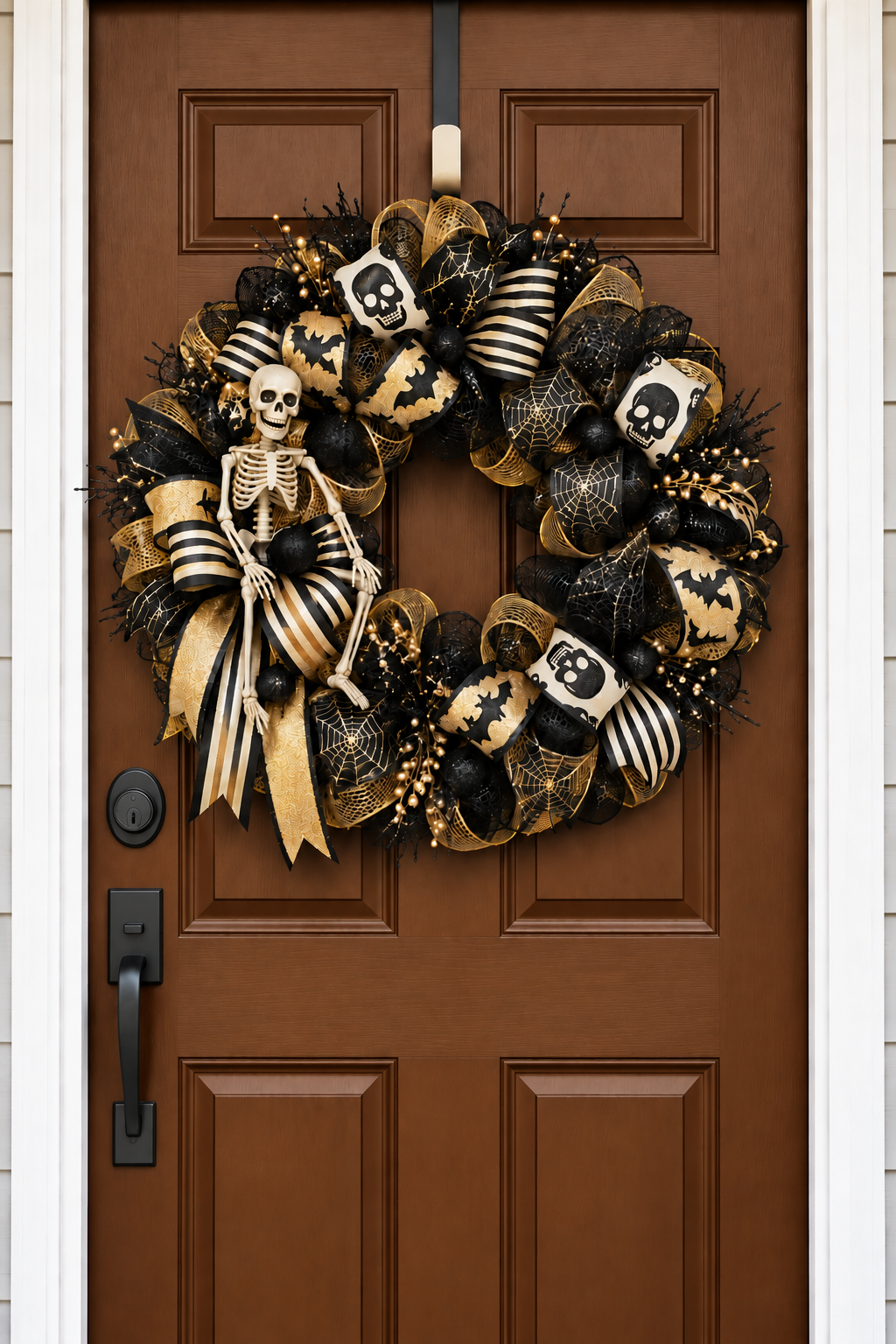 Black and Gold Skeleton Halloween Wreath on warm brown front door AI mockup
