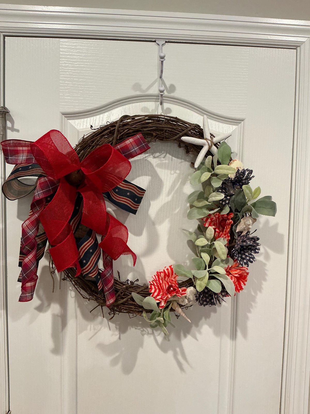 Grapevine Wreath, Patriotic Coastal Beach Decor, Seashells, Red Plaid Bow