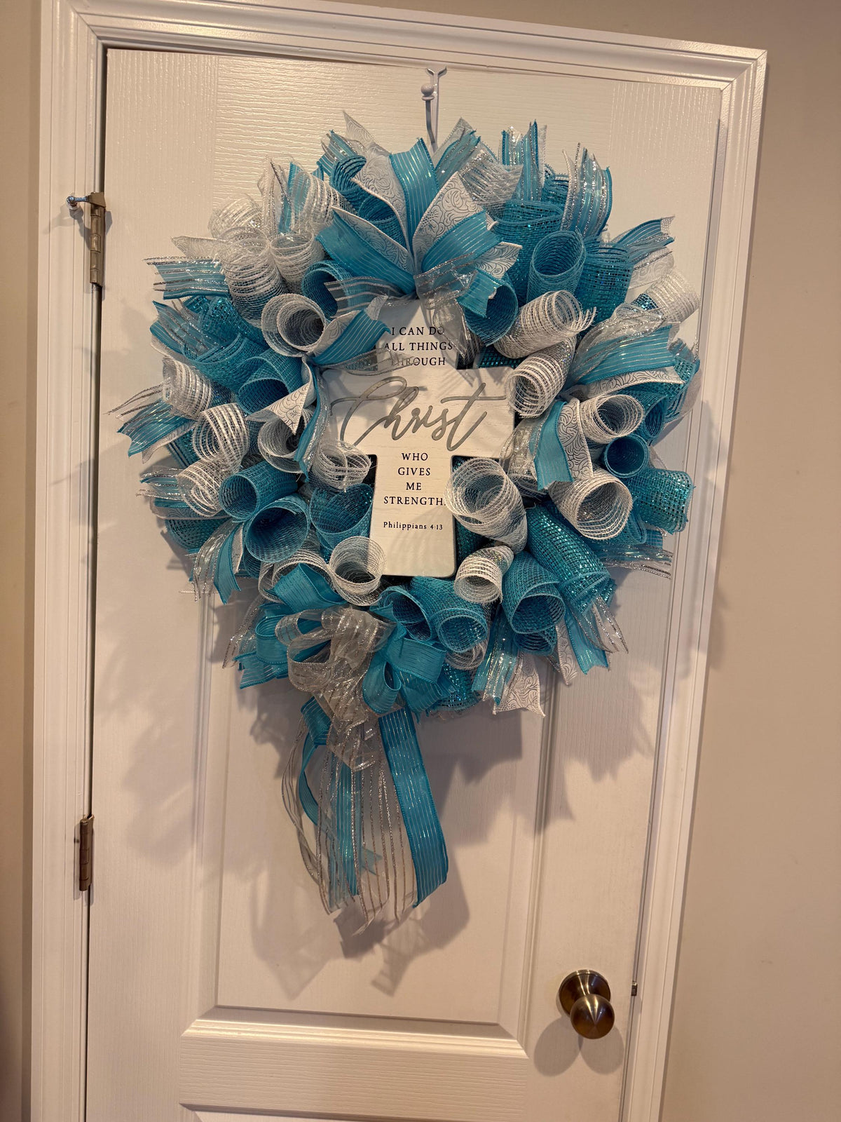 Philippians 4:13 Cross Wreath, Teal Silver Faith Scripture Decor, Christian Church Gift