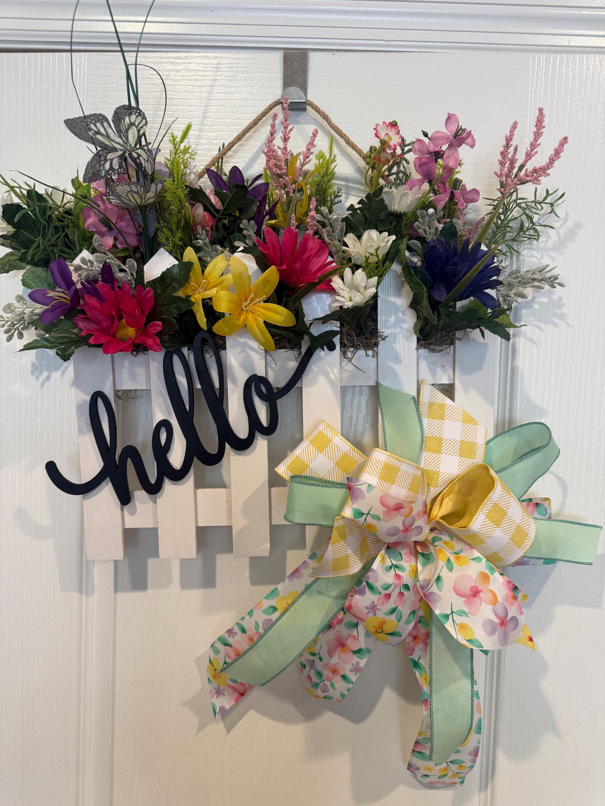 Hello Spring Picket Fence Door Hanger with Florals and Gingham Bow
