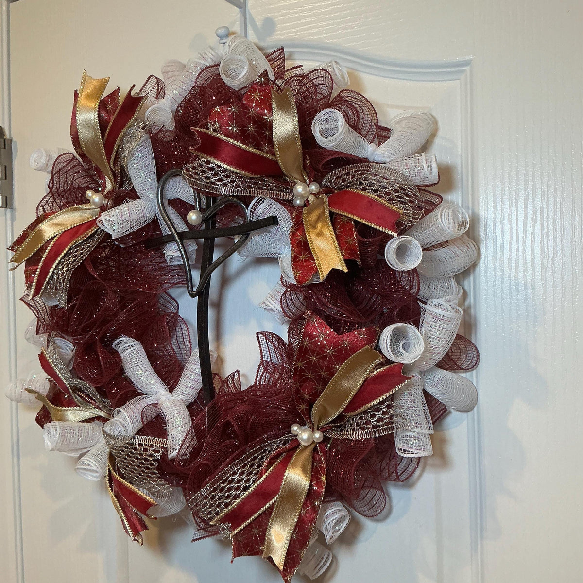Burgundy Cross Wreath, Heart Cross Religious Accent, Christian Home Decor, Church Wall Hanging, Cranberry Gold Faith Wreath