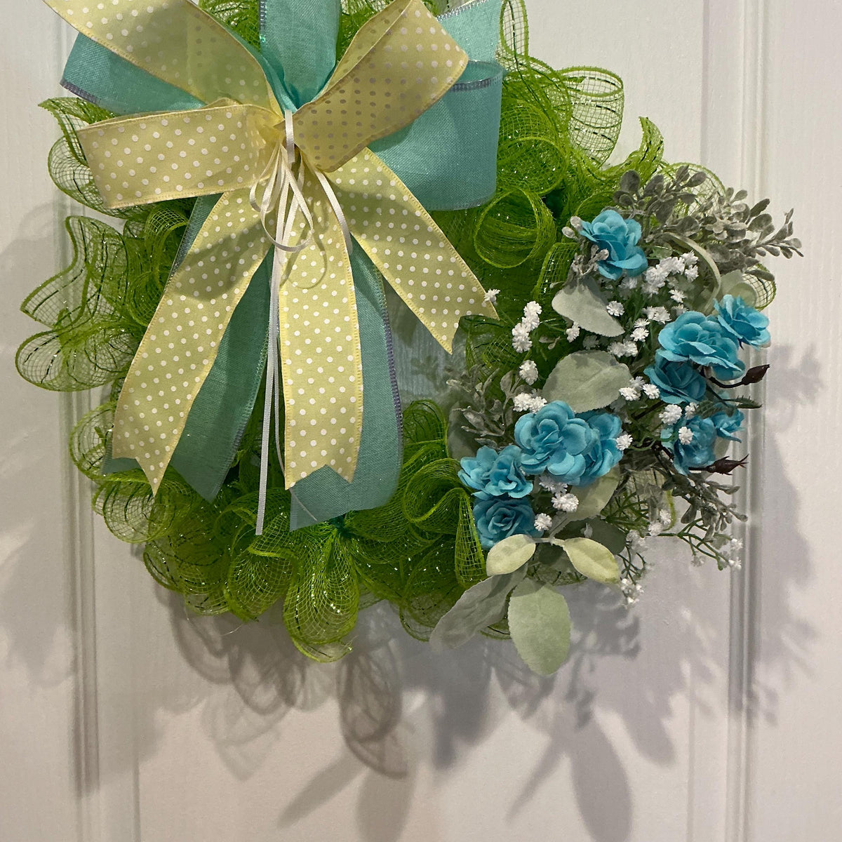 Blue Rose Front Door Wreath, Lime Green Farmhouse Decor, Floral Wreath, Handmade 12 Inch