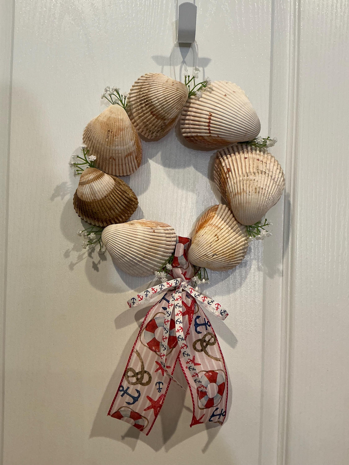 Seashell Wreath, Nautical Ribbon, Coastal Beach Decor, Door Hanger