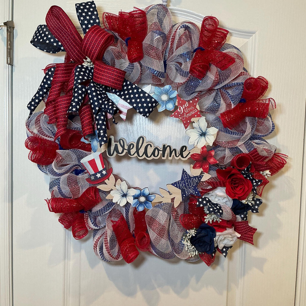 Patriotic Welcome Wreath with Red White Blue Polka Dot Bow and Star, Fourth of July Door Decor