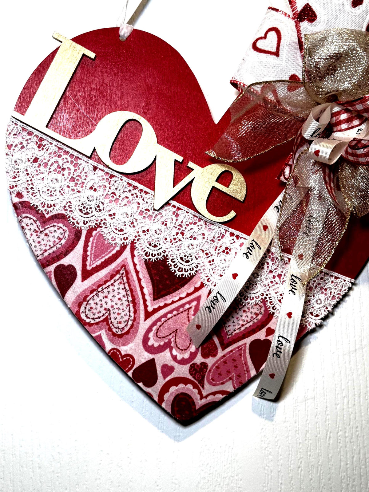 Valentine Heart Door Hanger , Love Wood HeartbSign, Sheer Gold Accent Bow Valentine Decor