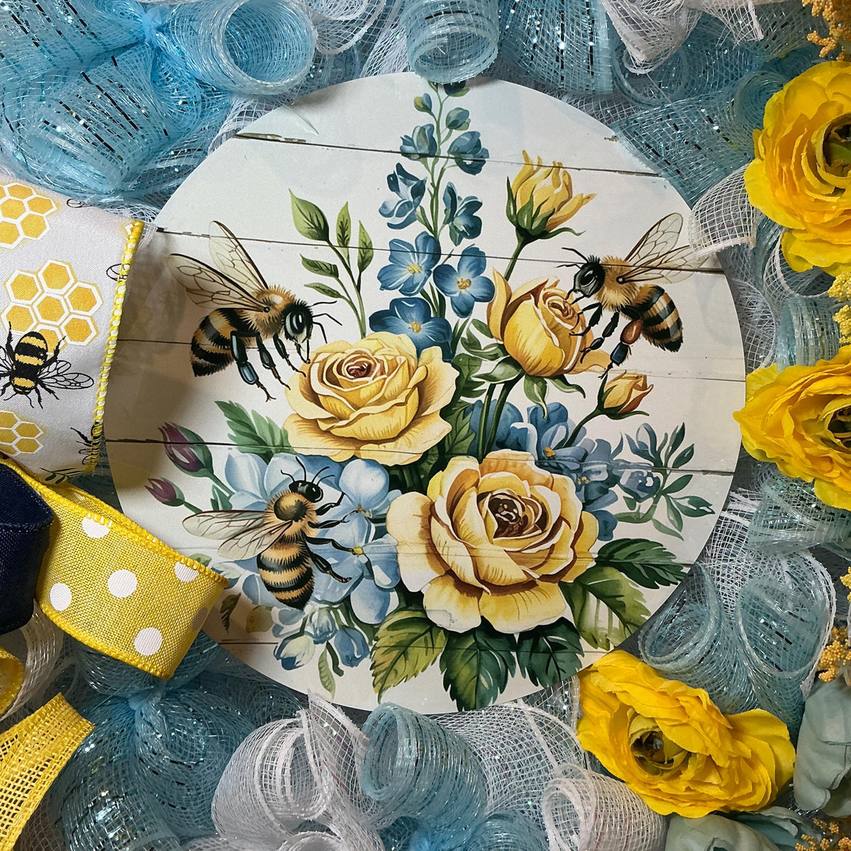 Bee Wreath for Front Door, Honeybee Floral Sign, Yellow Blue Summer Decor, Handmade