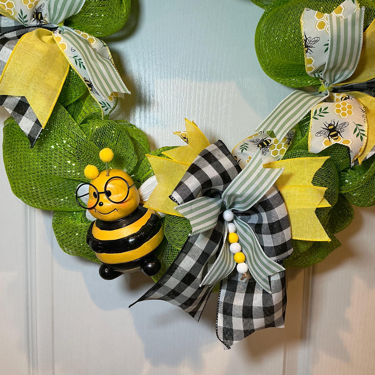 Welcome to My Hive Wreath, Bumble Bee & Buffalo Plaid Spring Summer Door Decor.